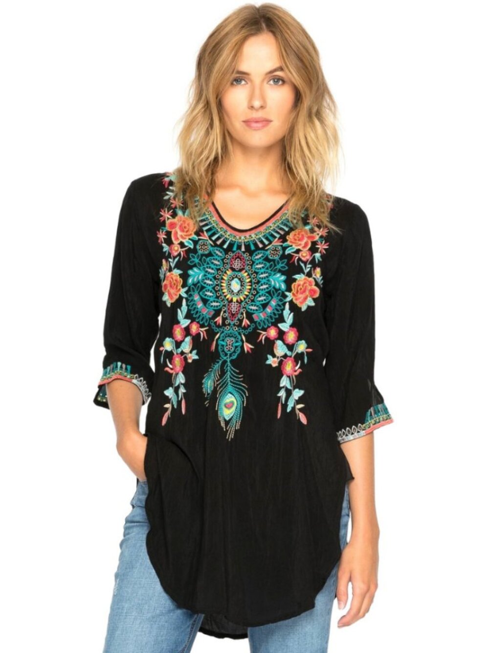 Johnny Was Multicolor Floral Embroidered Tunic Size M Black